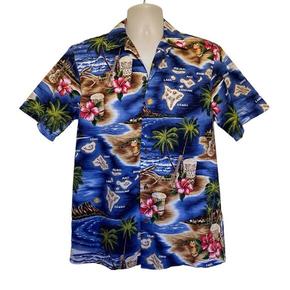 RJC Hawaiian Shirt Islands Music Drums Guitar Hibiscus Palm Trees Aloha Sz M - Picture 10 of 10